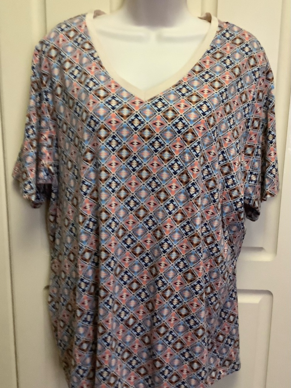 Lands End Shirt Top-Tan Blue Orange Rust Aztec Pattern-V Neck-Cotton-1X-16W-18W